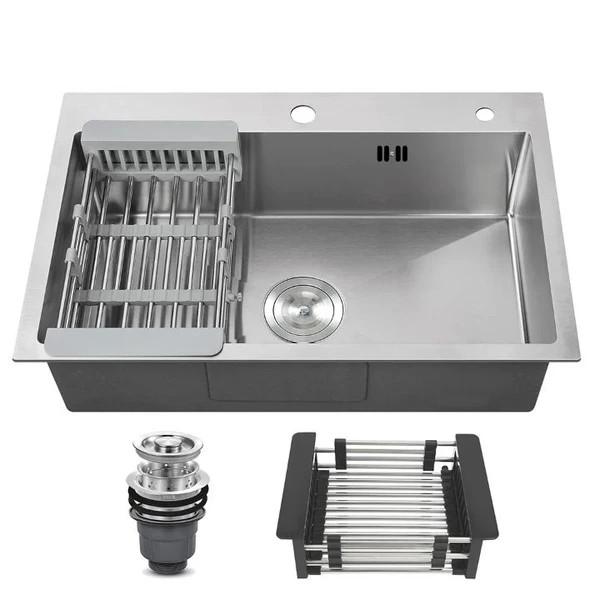 سینک ظرفشویی دست ساز کروم مات 45*80تک لگن با سیفون و سبد