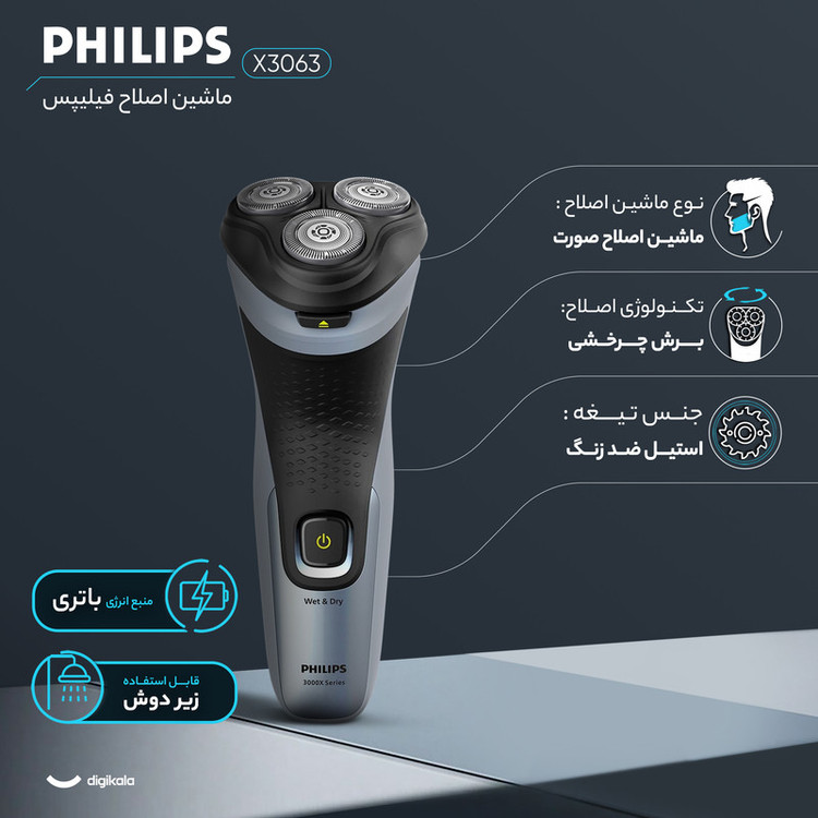 ماشین اصلاح موی صورت فیلیپس مدل X3063 با 3 تیغه استیل ضد زنگ، طراحی ارگونومیک و ضد آب، شارژ سریع 5 دقیقهای و استفاده 45 دقیقهای، قابلیت اصلاح خشک و مرطوب زیر دوش